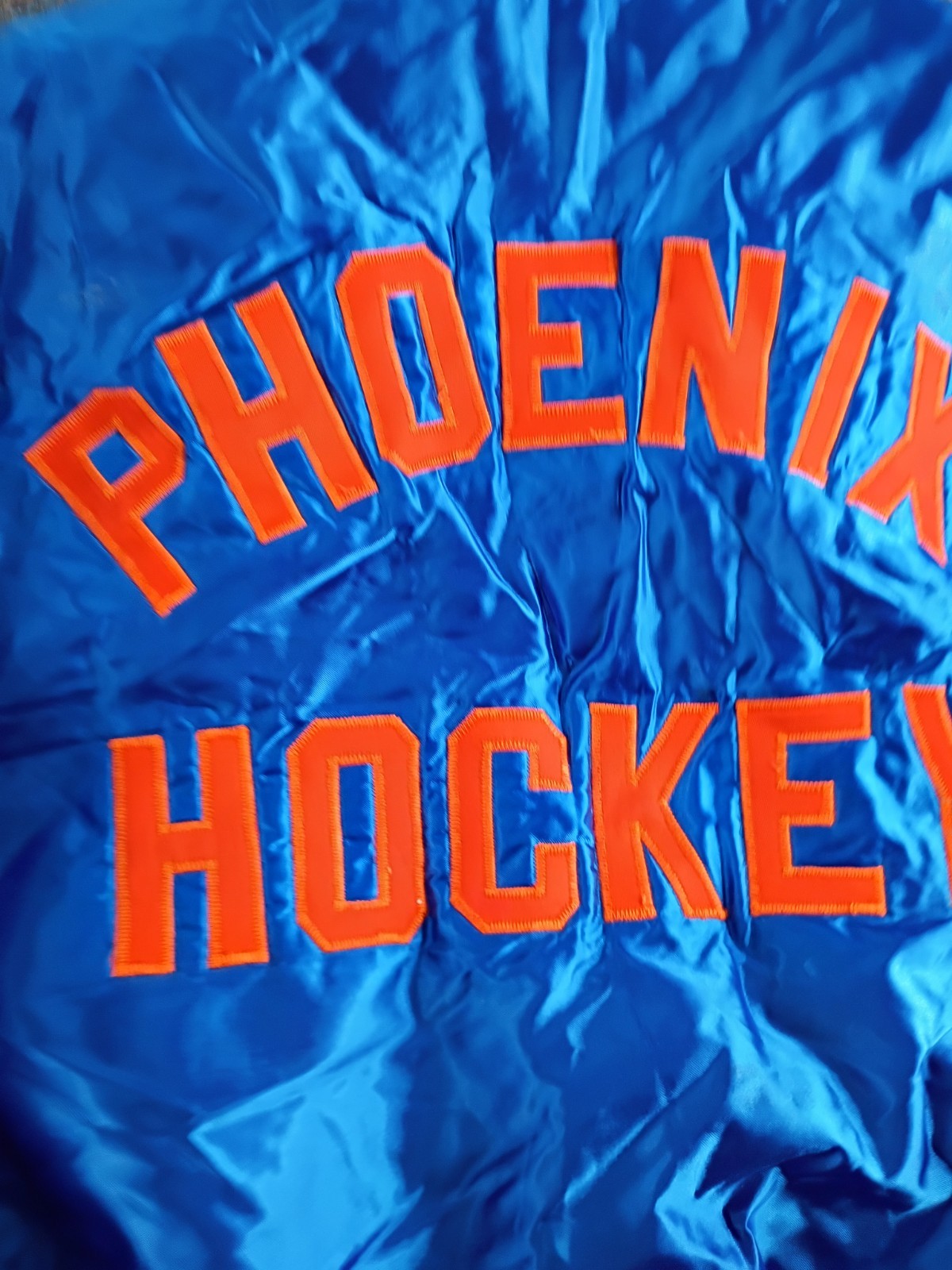 VTG DeLONG Sportswear Phoenix Hockey Satin Snap Jacket Blue/Orange/White Size L