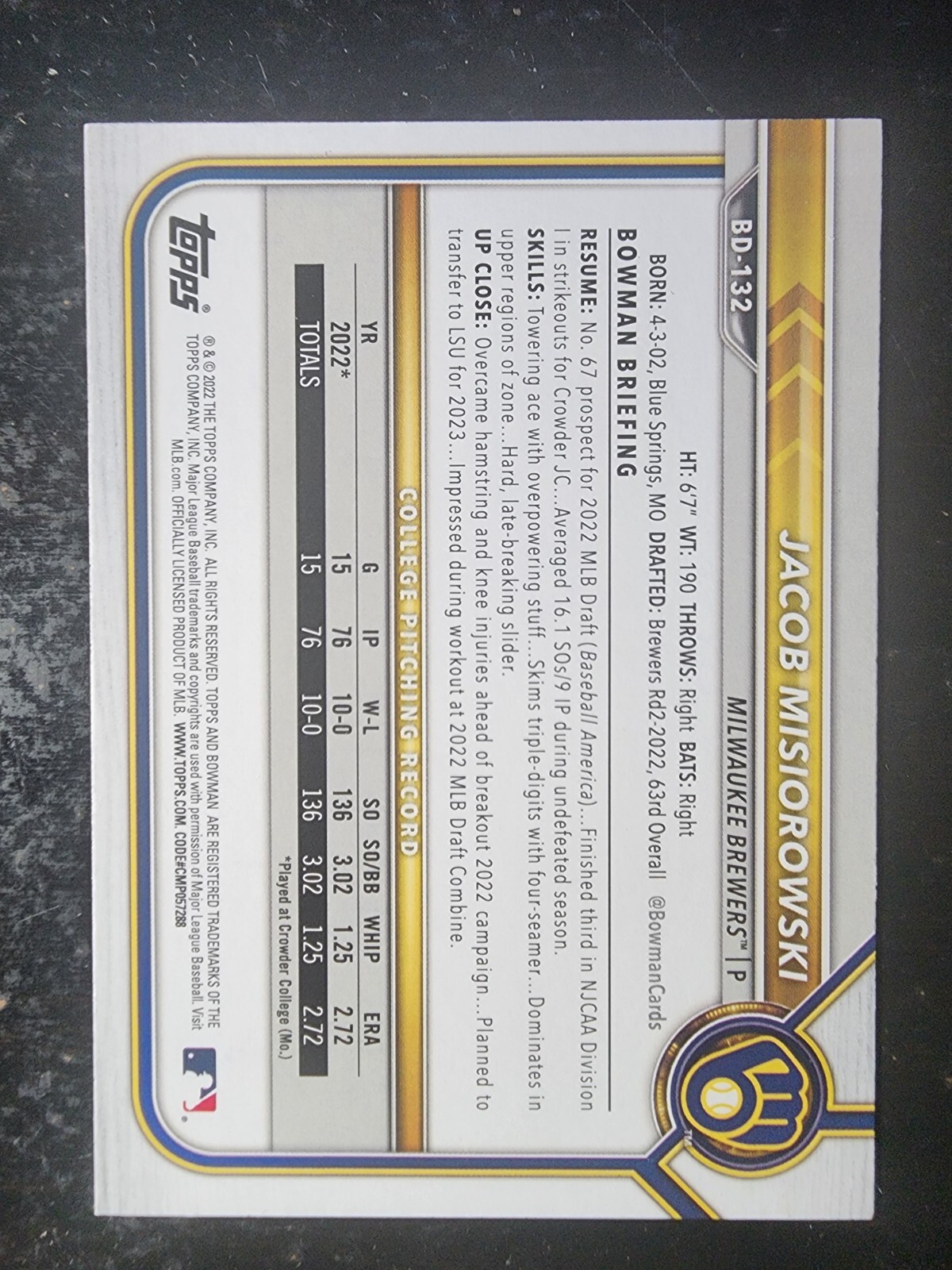 2022 Bowman 1st rookie Jacob Misiorowski #132 Brewers MLB Baseball RC card