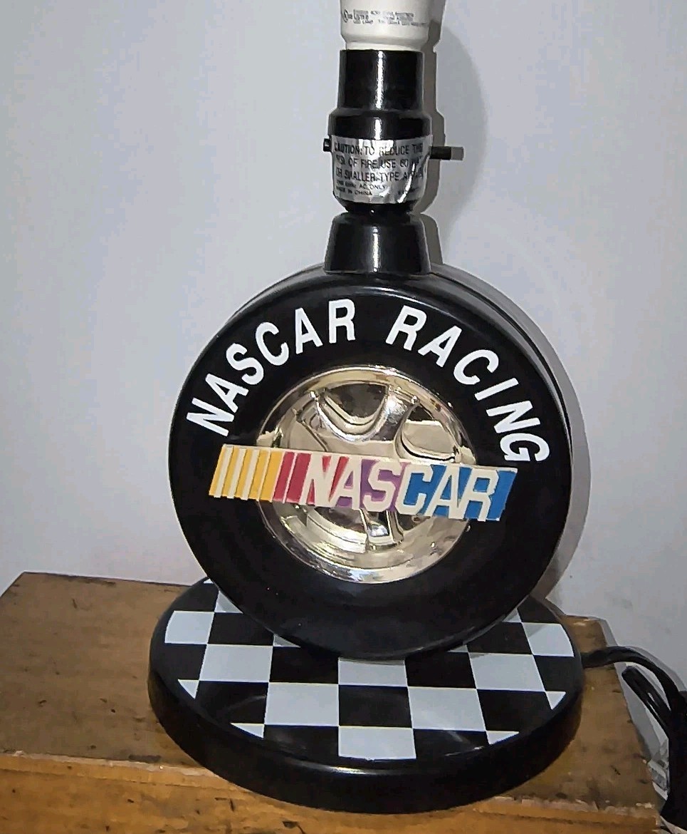 Vintage NASCAR Racing Table Lamp with Tire and Checkered Flag Base No Shade