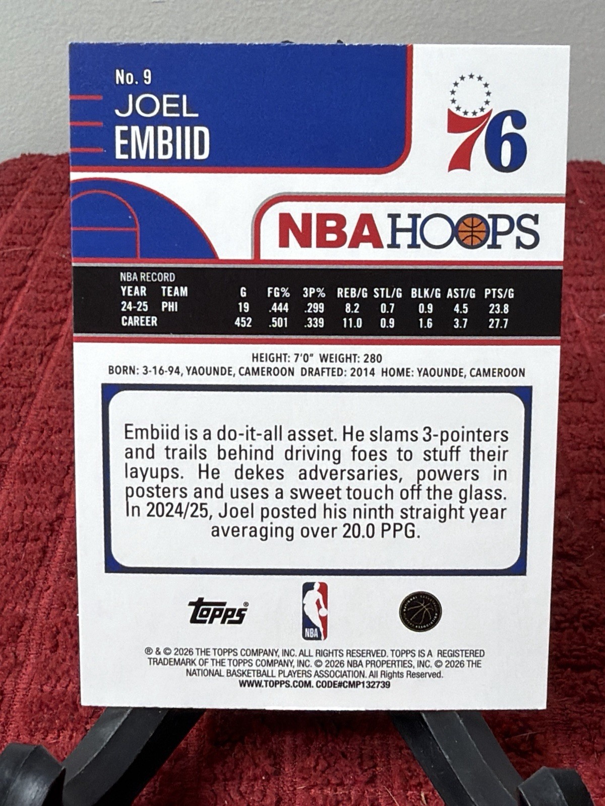 2025-26 NBA Hoops Joel Embiid #9 Rainbow & Blue Foil 101/199 Philadelphia 76ers