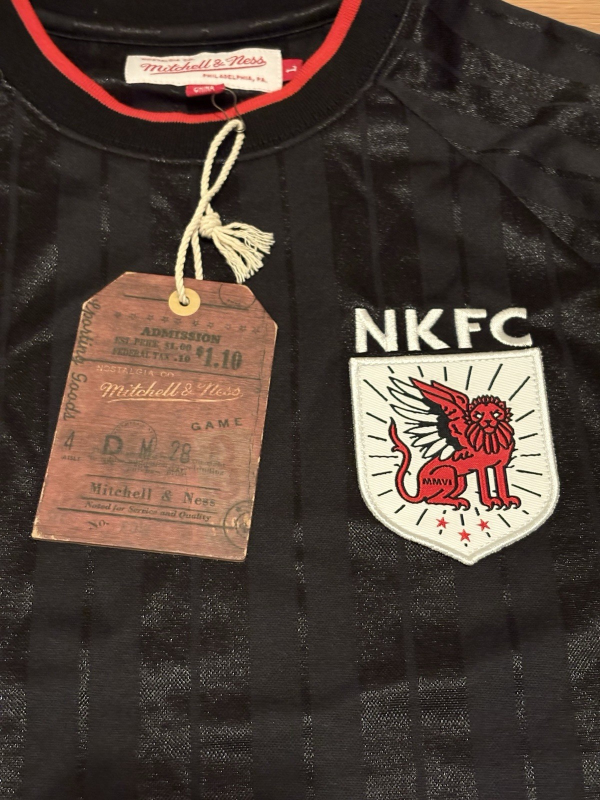NWT Mitchell & Ness Jersey Soccer NKFC Patch LARGE Black Stripe Red