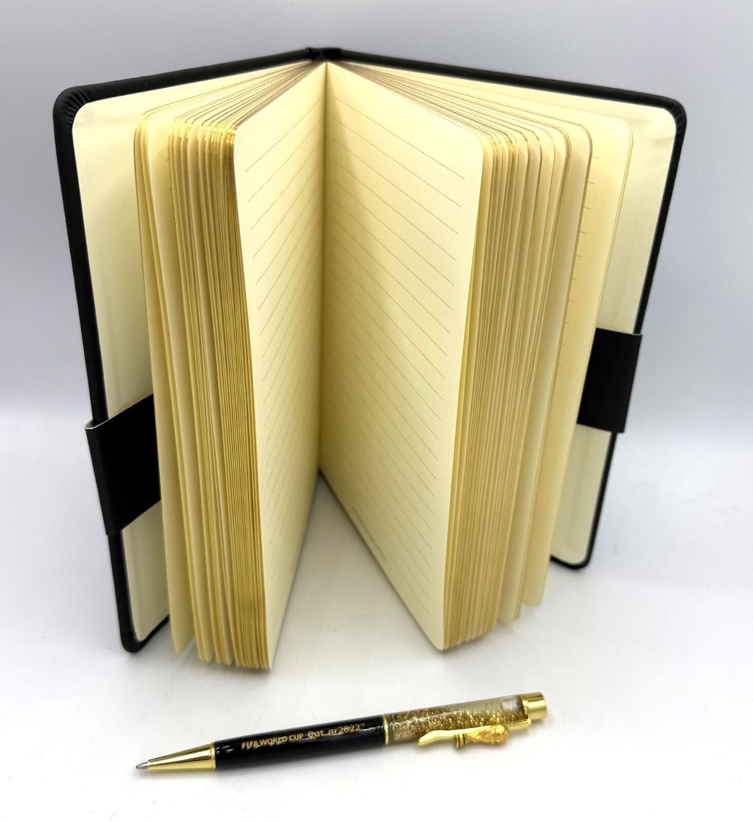 2022 FIFA WORLD CUP QATAR BLACK & GOLD 8″ NOTEBOOK & TROPHY PEN FREE SHIP