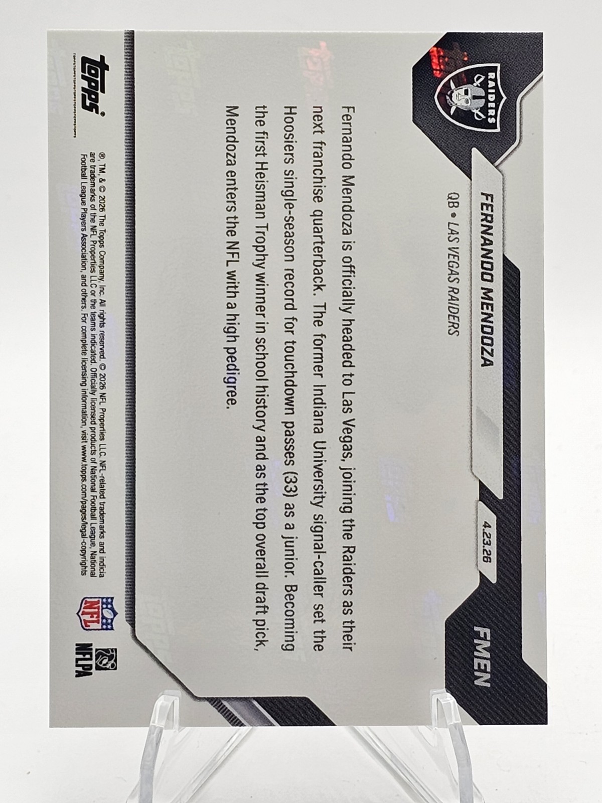 2026 Topps Now Fernando Mendoza RC #FMEN #1 Draft Pick Las Vegas Raiders