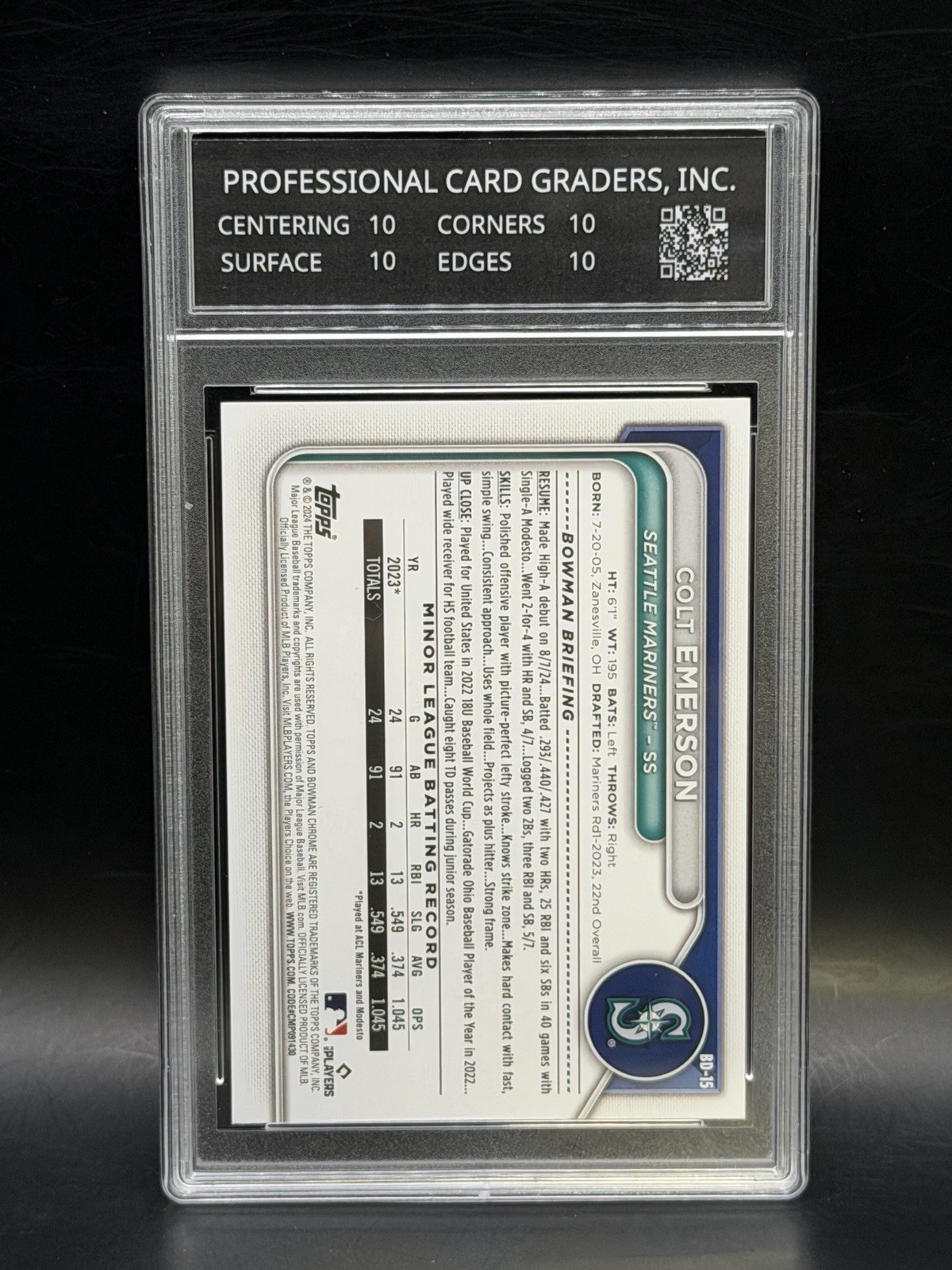 2024 Bowman Draft – Colt Emerson #BD-15 (RC) Graded Gem-Mint 10 💎 Called Up! 📈