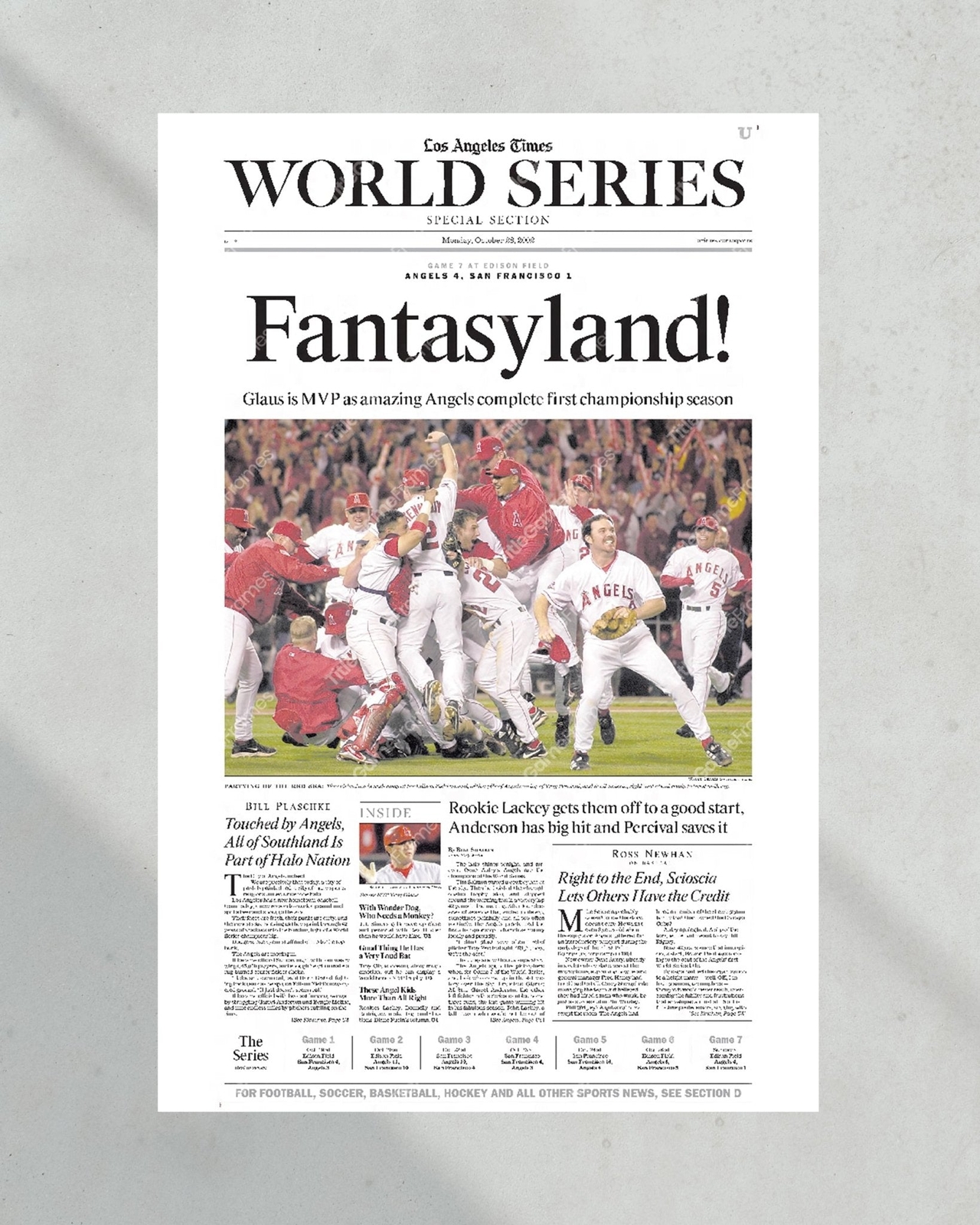 2002 Anaheim Angels World Series Champion Framed Newspaper Front Page Print