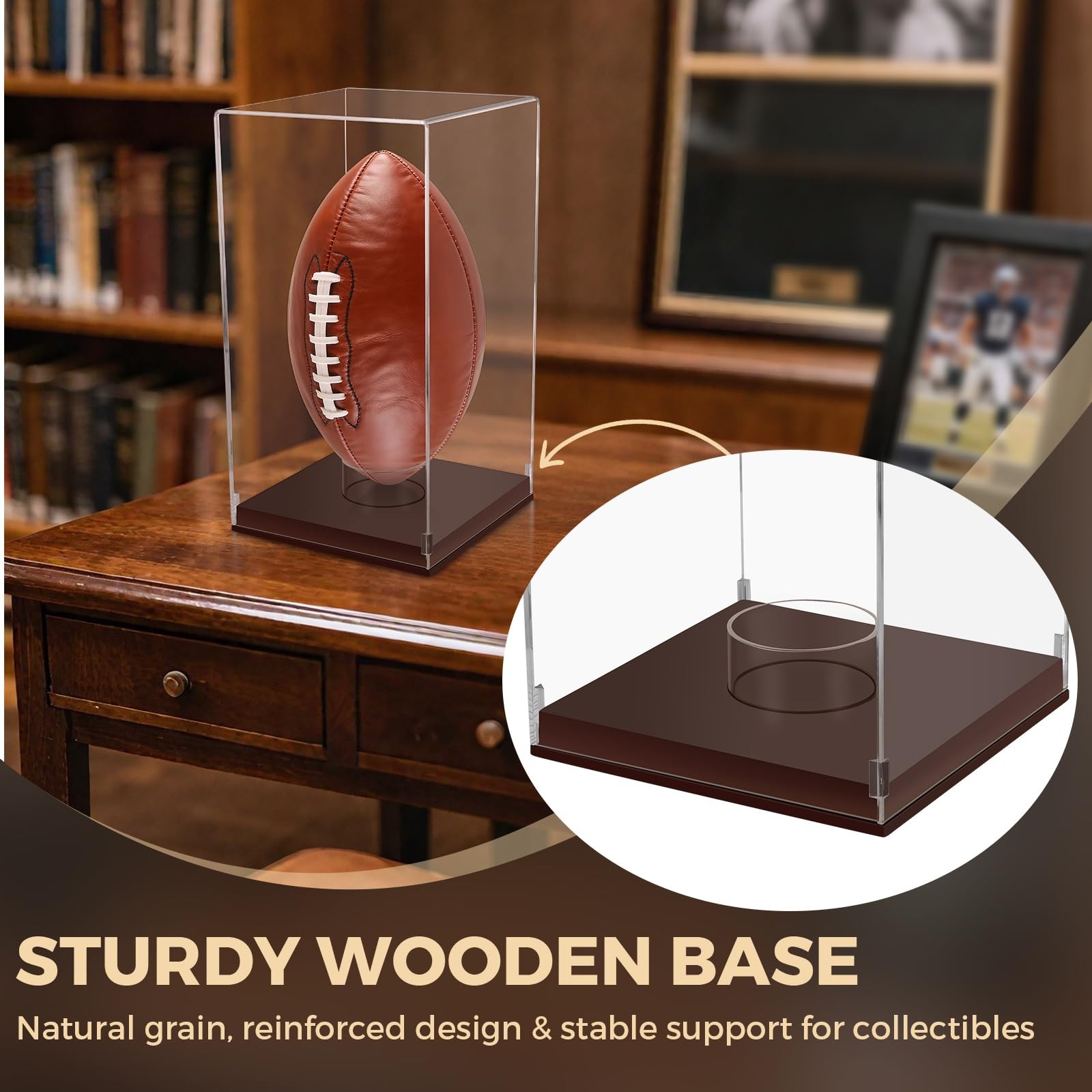 Clear Acrylic Football Display Case With Wooden Base UV Protection Box
