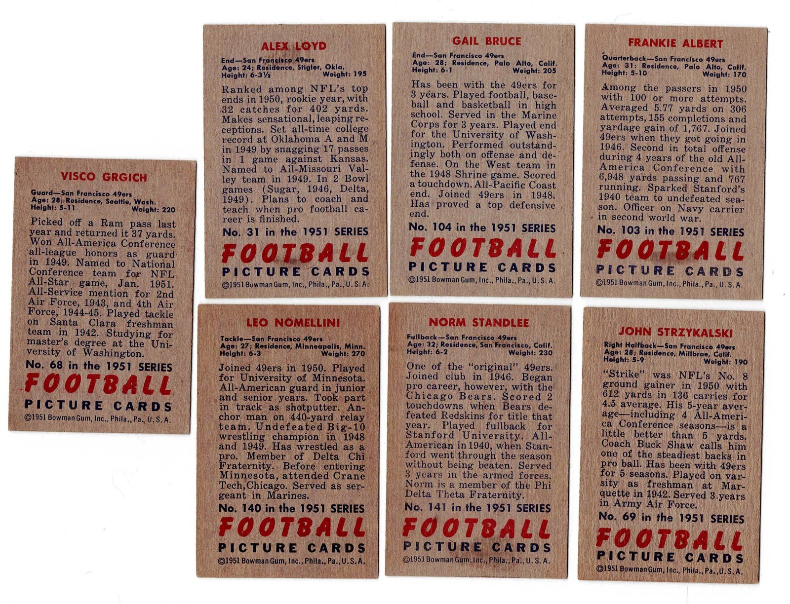 1951 Bowman Football Cards Part Set Qty 75 Different Many HOF Players.