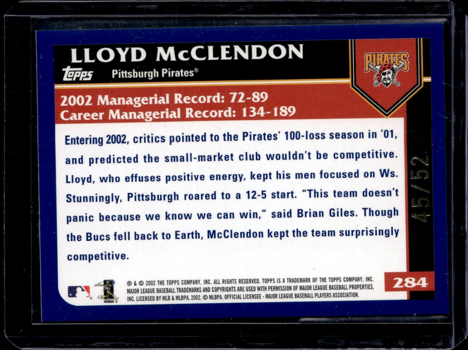 2003 TOPPS BLACK FOIL BORDER PARALLEL #284 LLOYD MCCLENDON PIRATES RARE SP #/52