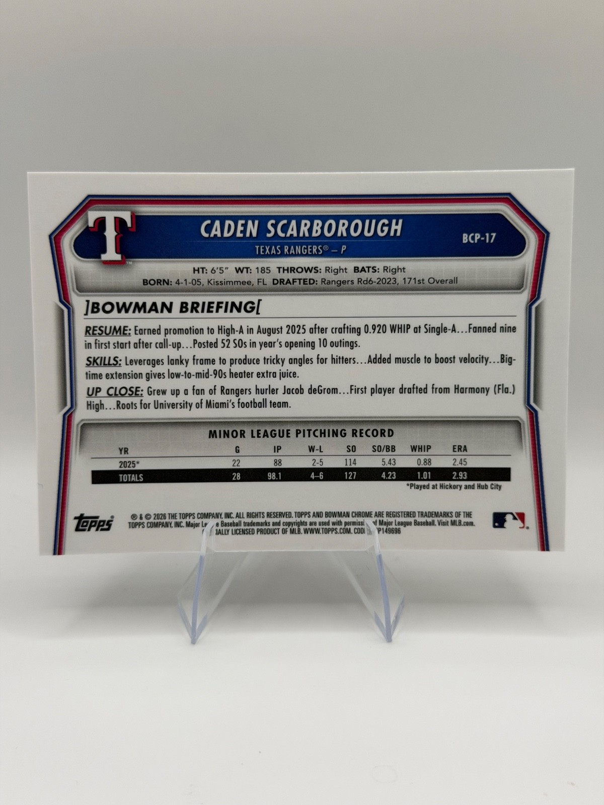 Caden Scarborough 2026 Bowman 1st Chrome Mojo Refractor Rookie #BCP-17 Rangers