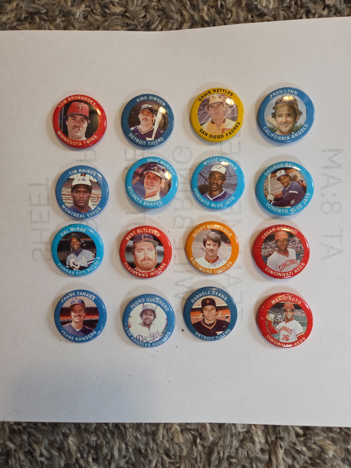 16 baseball pins 1985 Fun food button pins featuring many different players