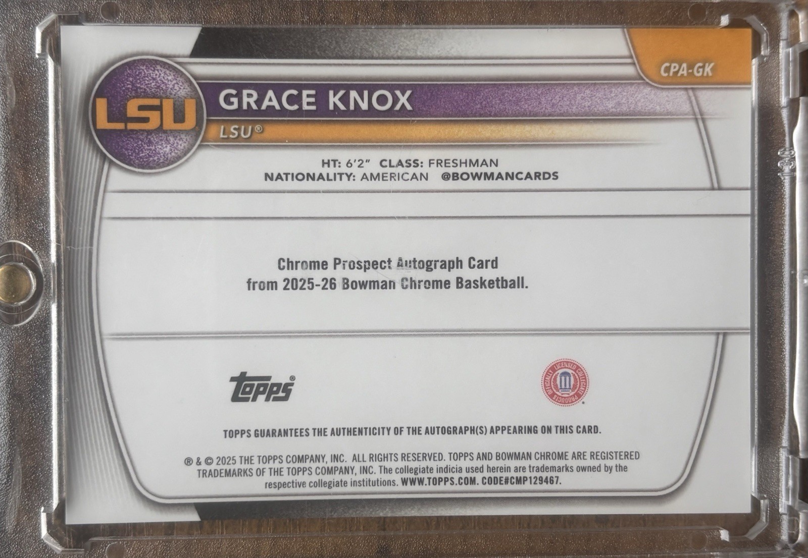 2025-26 BOWMAN 1ST CHROME GRACE KNOX AUTO – YELLOW /75 MOJO MEGA EXCLUSIVE • LSU