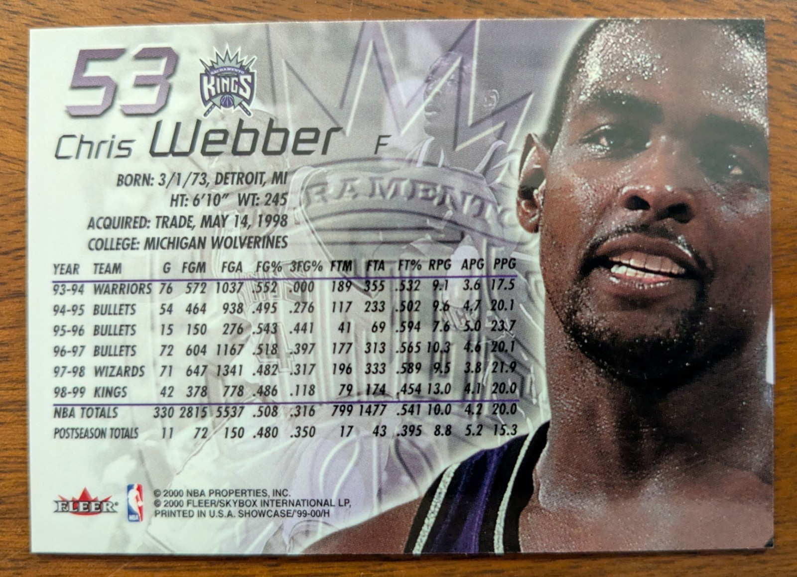 CHRIS WEBBER, 1999-00 FLAIR SHOWCASE #53, KINGS