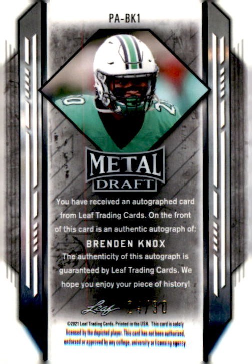 2021 Leaf Metal Draft Mojo Brenden Knox Autograph #Pa-Bk1 /30