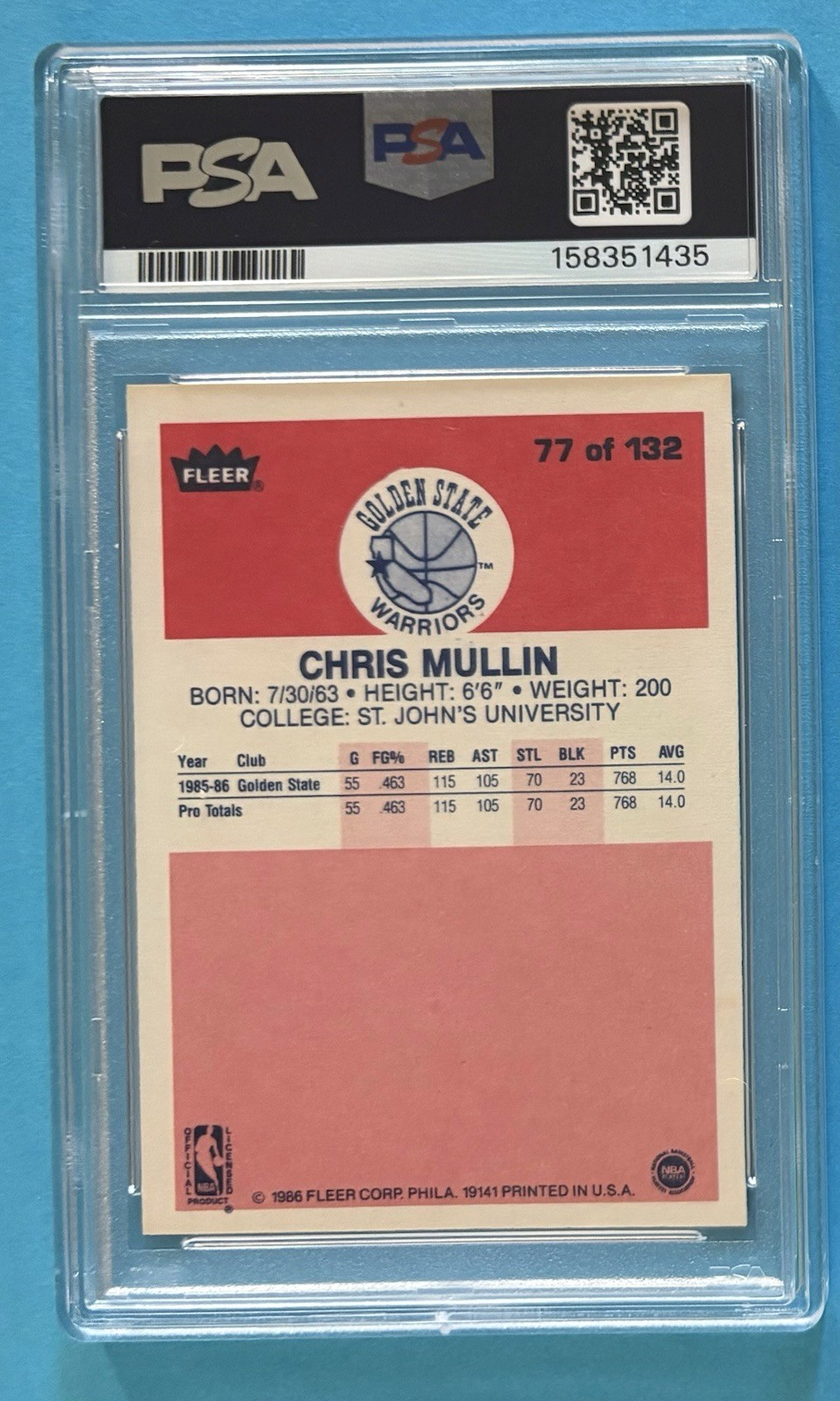 1986-87 CHRIS MULLIN #77 Fleer RC PSA 9 MT Golden State Warriors HOF #JJTCARDS#