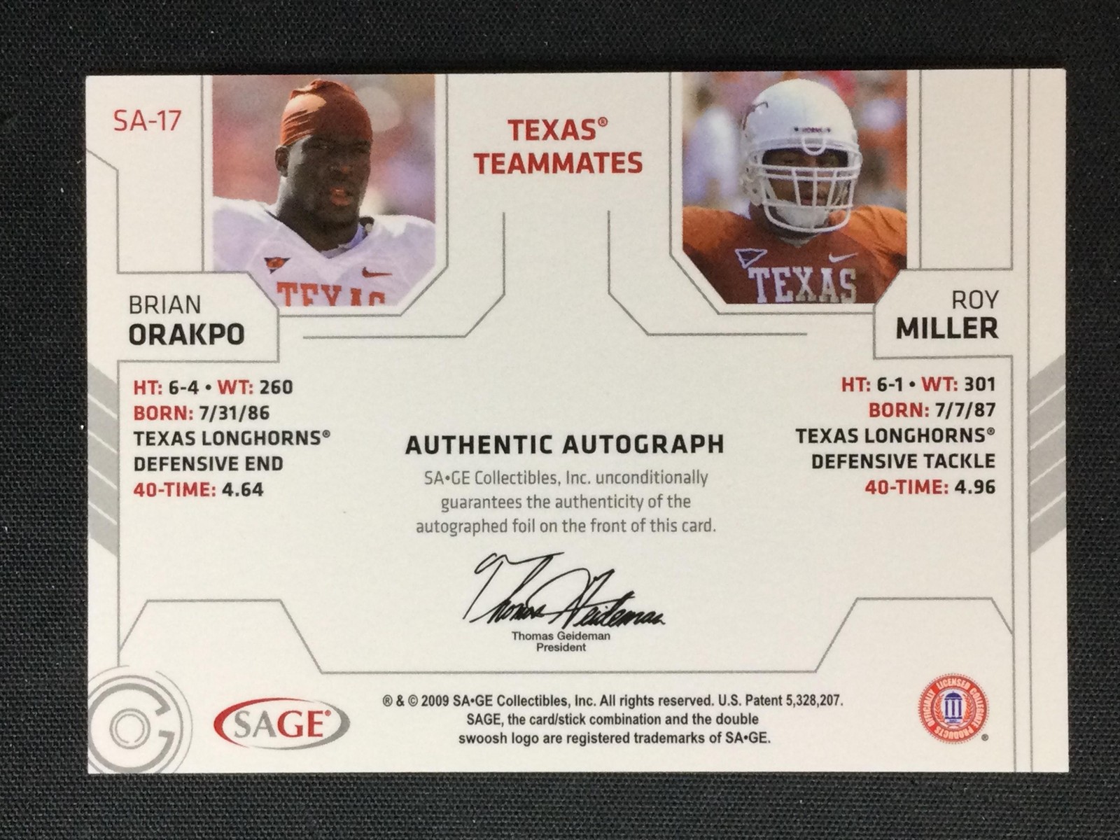 2009 SAGE Squared #SA-17 Brian Orakpo / Roy Miller Texas Longhorns Dual AUTO