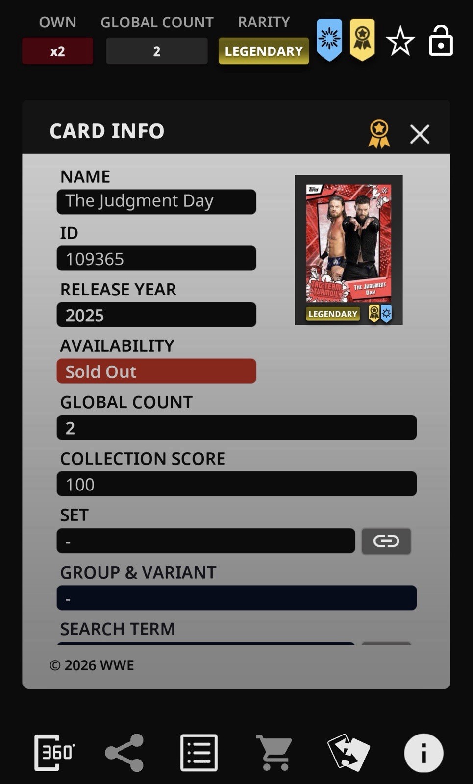2025 Topps WWE Slam Tag Team Turmoil The Judgement Day 2cc Legendary Award Balor