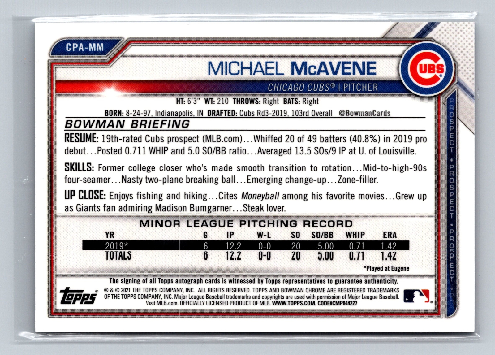 2021 Bowman #CPA-MM Michael McAvene Chrome Prospect Autographs Excellent