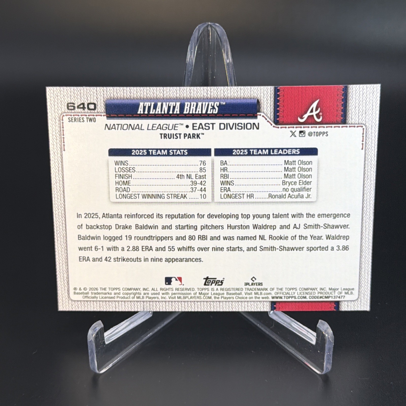 2026 Topps Series 2 Atlanta Braves Team Card Sparkle Foil #640
