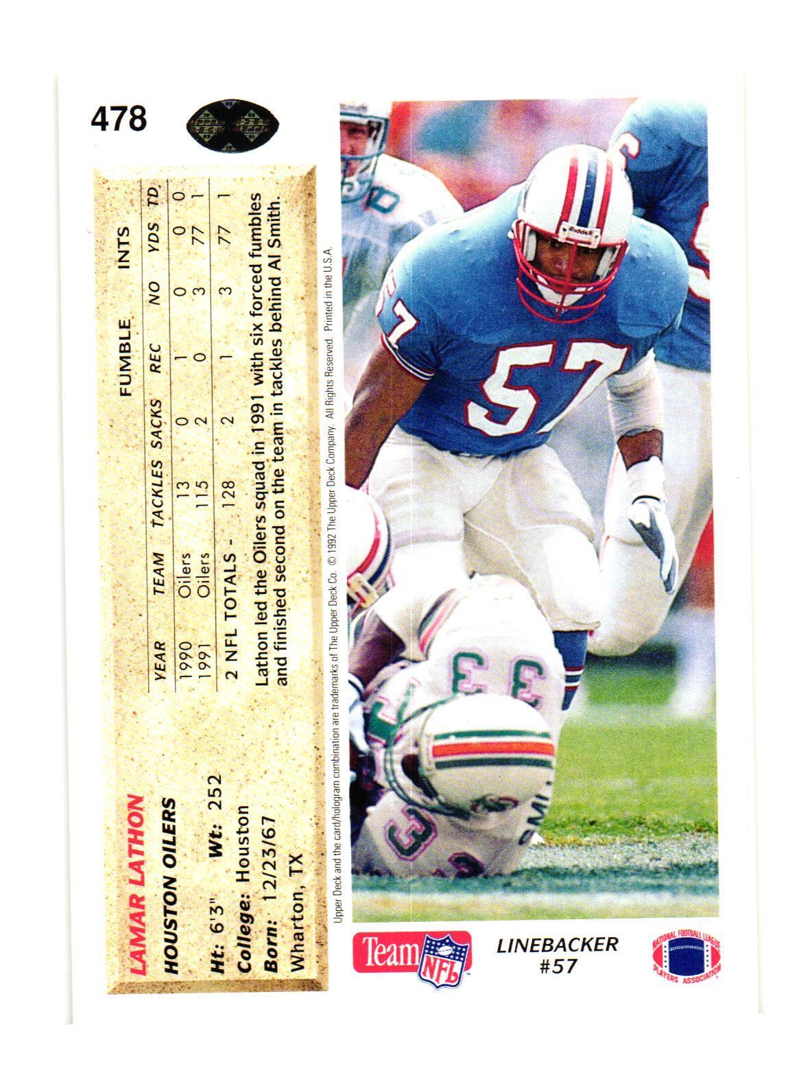 1992 Upper Deck #478 Lamar Lathon Houston Oilers