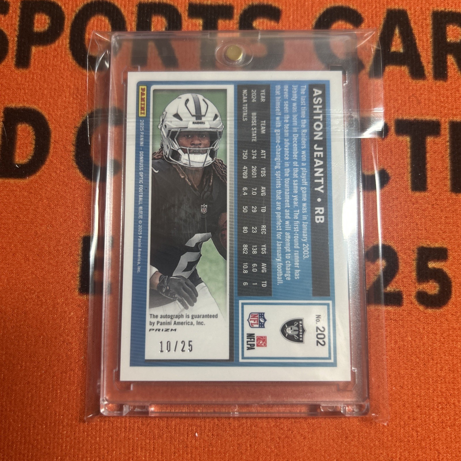/25 ON CARD‼️ 2025 OPTIC ASHTON JEANTY BLUE CRACKED ICE AUTO RC SSP RAIDERS