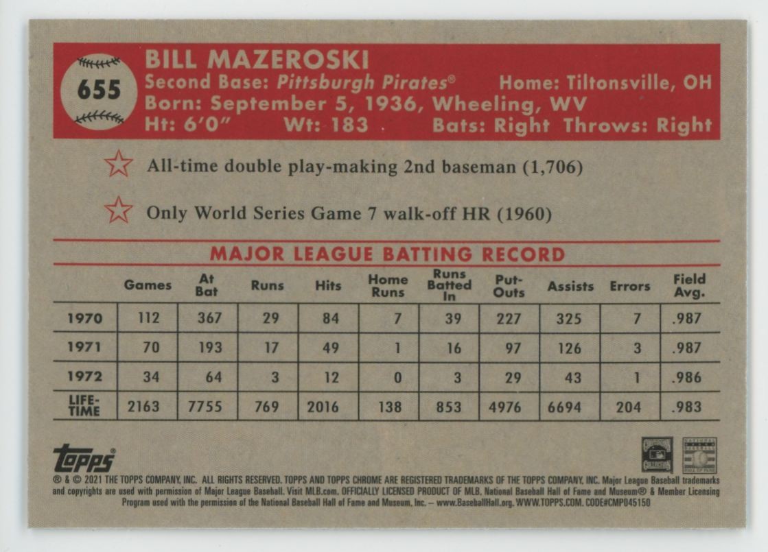 2021 Topps Chrome Platinum Anniversary Bill Mazeroski Auto Pirates #655 COA HOF