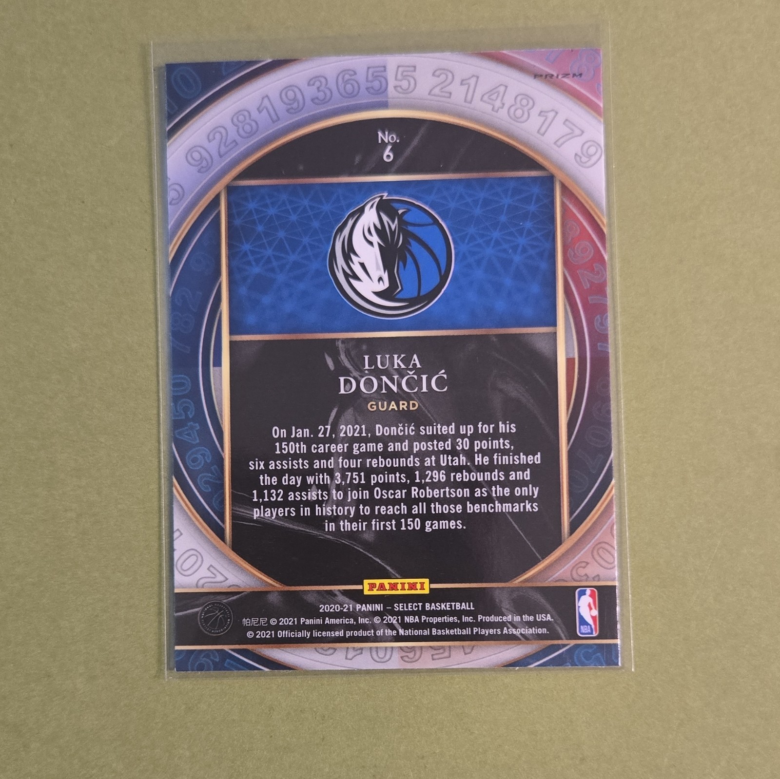 Panini Select 2020-21 Luka Dončić Select Numbers Insert #6 Dallas Mavericks