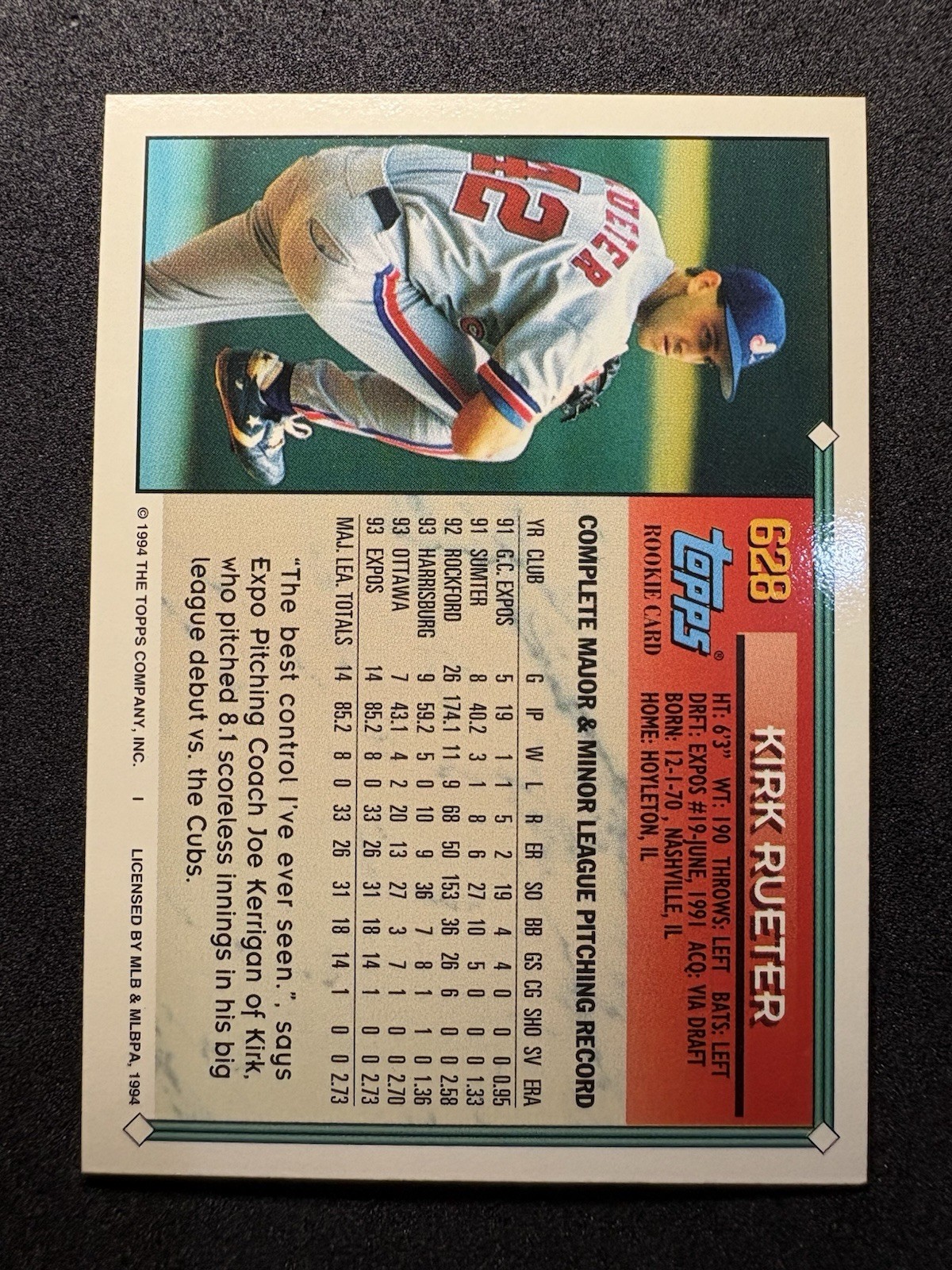 1994 Topps #628 Kirk Rueter Montreal Expos Baseball Card Rookie RC