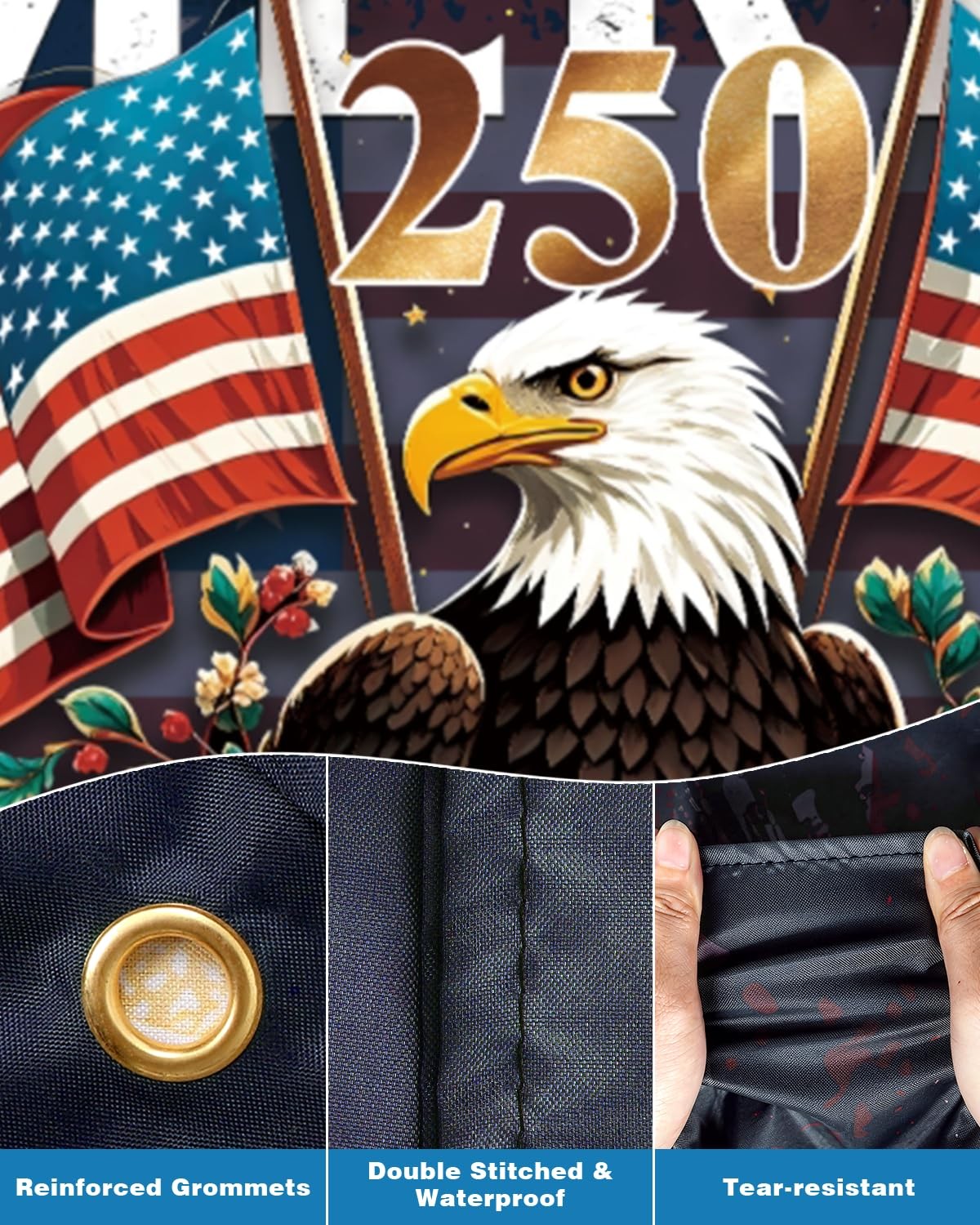 American 250th Anniversary Flag-3×5 FT Double-Sided 3-Ply 250 3×5 FT, Blue