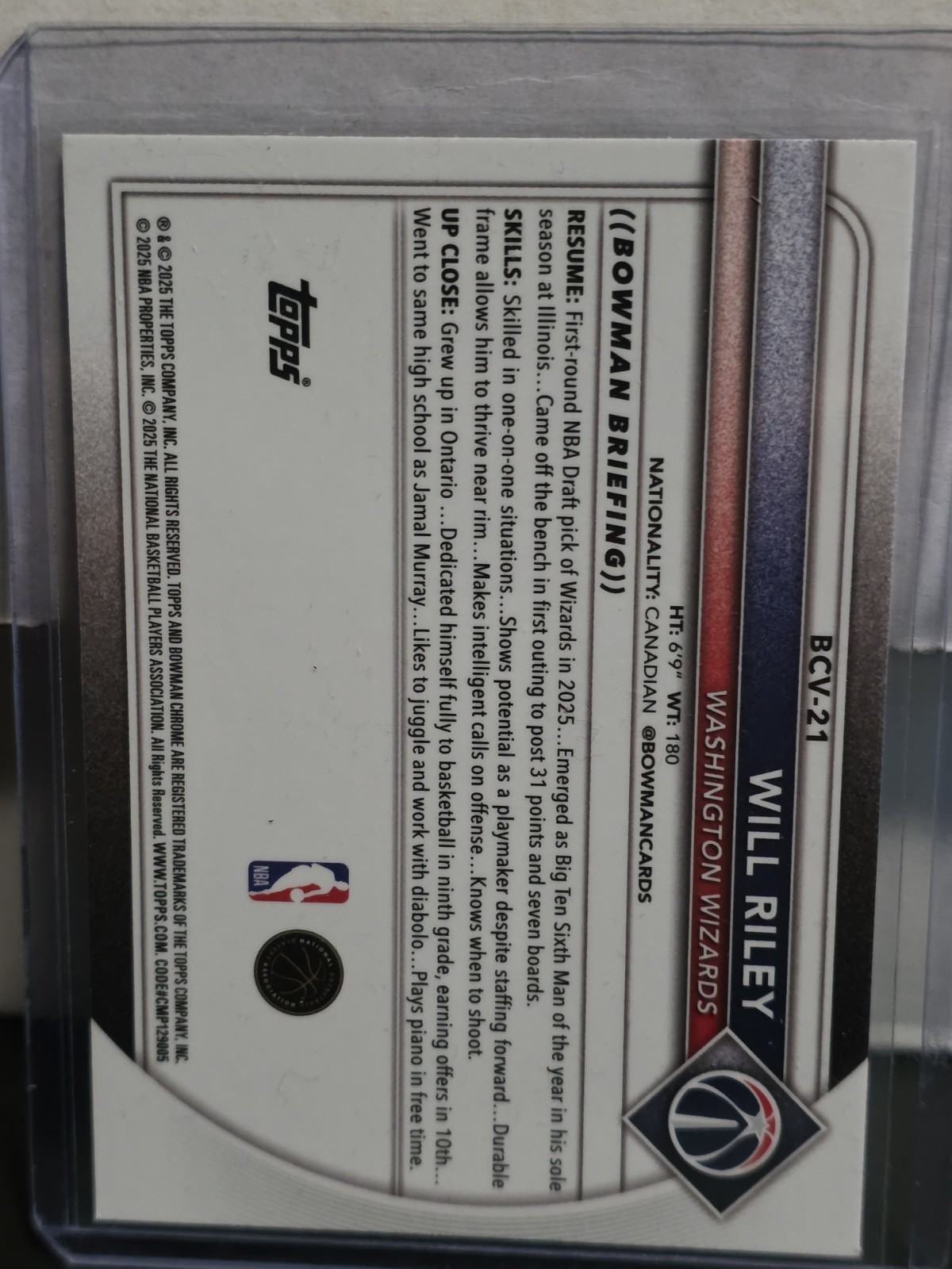 2025-26 Bowman – Will Riley #BCV-21 Navy Blue Mojo Refractor /175 (RC)