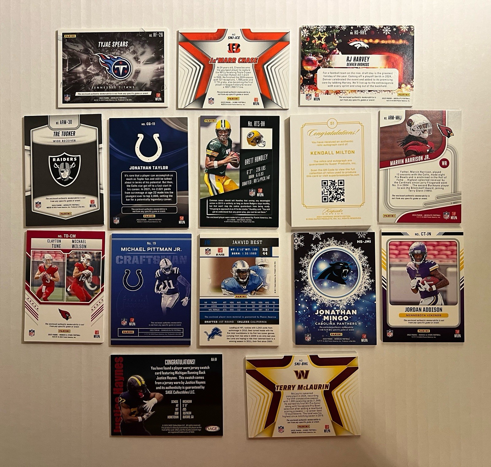 NFL Football – Relic Cards – Lot of 15- Premium Brands – RC’s, Stars, Auto, #s