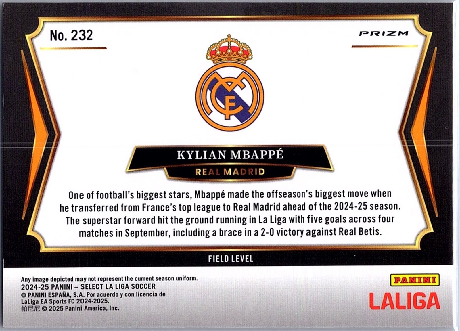 2024 PANINI SELECT LA LIGA KYLIAN MBAPPE #232 MULTI-COLOR PRIZM FIELD LEVEL