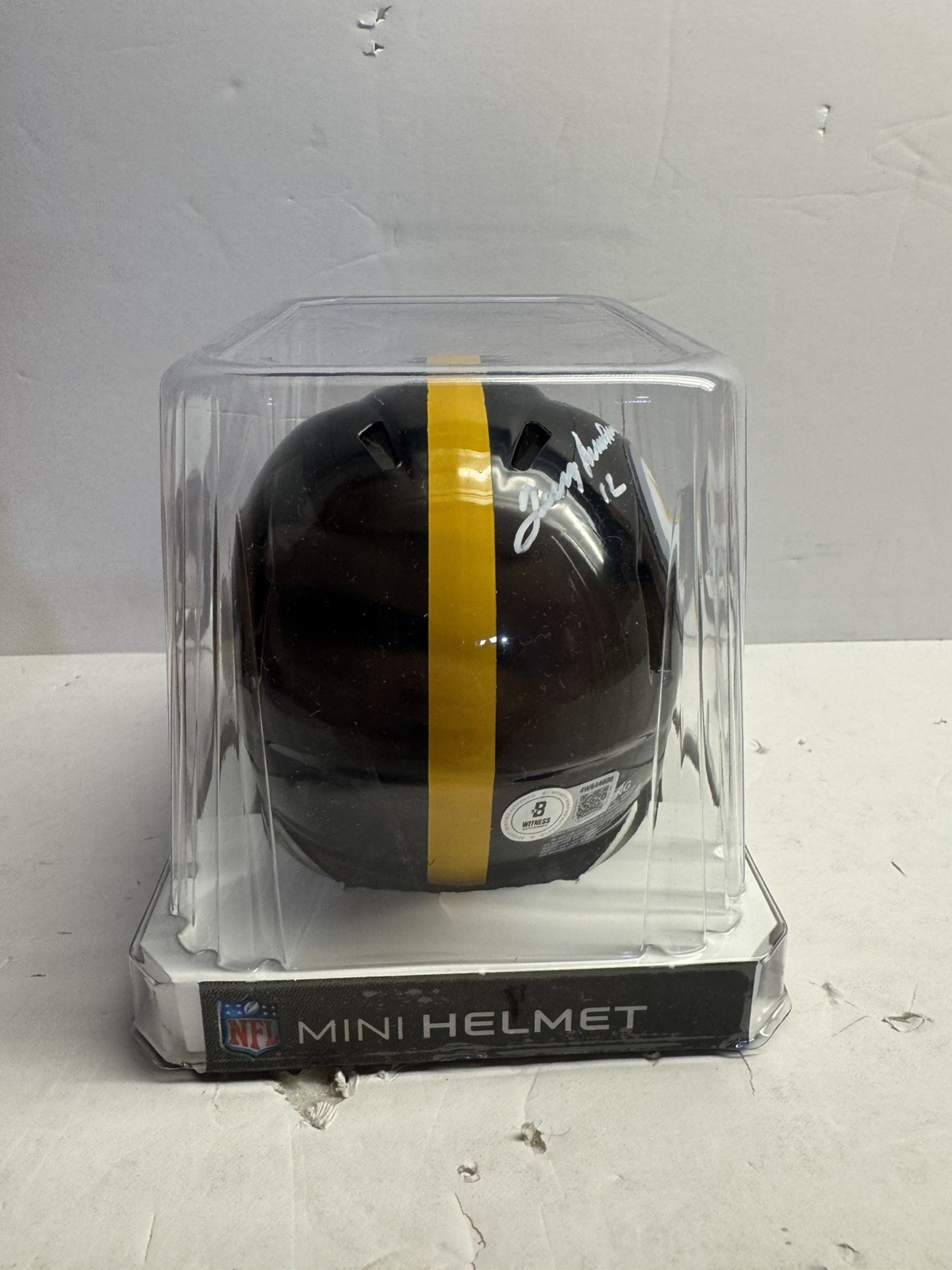 Terry Bradshaw Signed Pittsburgh Steelers Mini-Helmet in white w/his #& Beckett