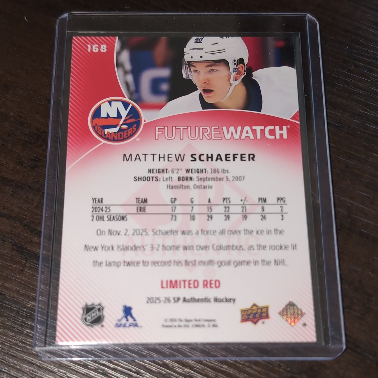 Upper Deck SP Authentic Future Watch Limited Red Matthew Schaefer #168 Islanders