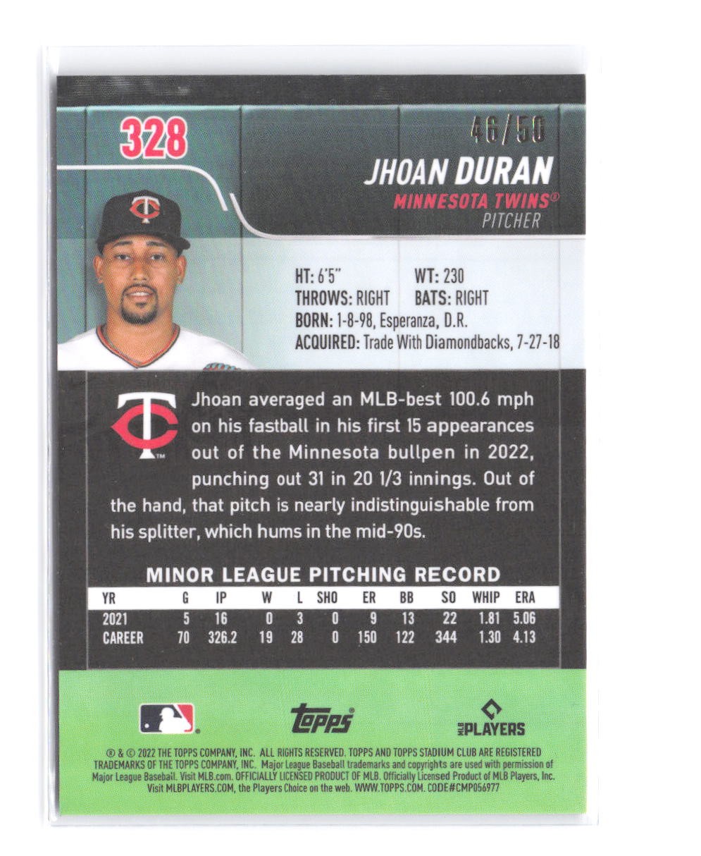 2022 Stadium Club Chrome Jhoan Duran #/50 Gold Refractor SP RC 328 Rookie Twins