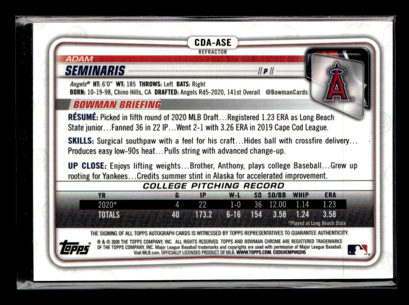 2020 Bowman Draft #CDA-ASE Adam Seminaris Chrome Autos Refractor /499