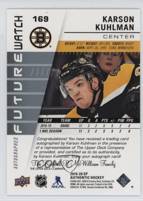 2019 SP Authentic Future Watch Rookies /999 Karson Kuhlman Rookie Auto RC 1sr1