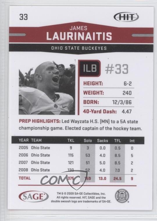 2009 SAGE Hit James Laurinaitis #33 Rookie RC 0c4