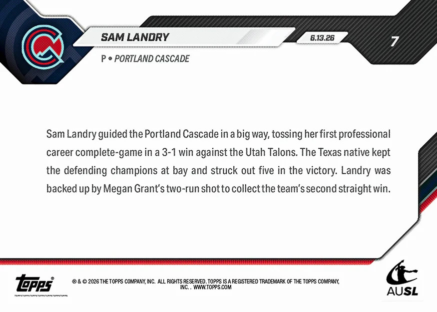 Sam Landry 1st Complete Game Cascade – 2026 AUSL Topps NOW – Card 7 Presale