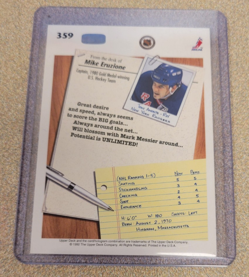 TONY AMONTE SIGNED 1992-93 UPPER DECK HOCKEY CARD #359 TTM AUTOGRAPH AUTO UD