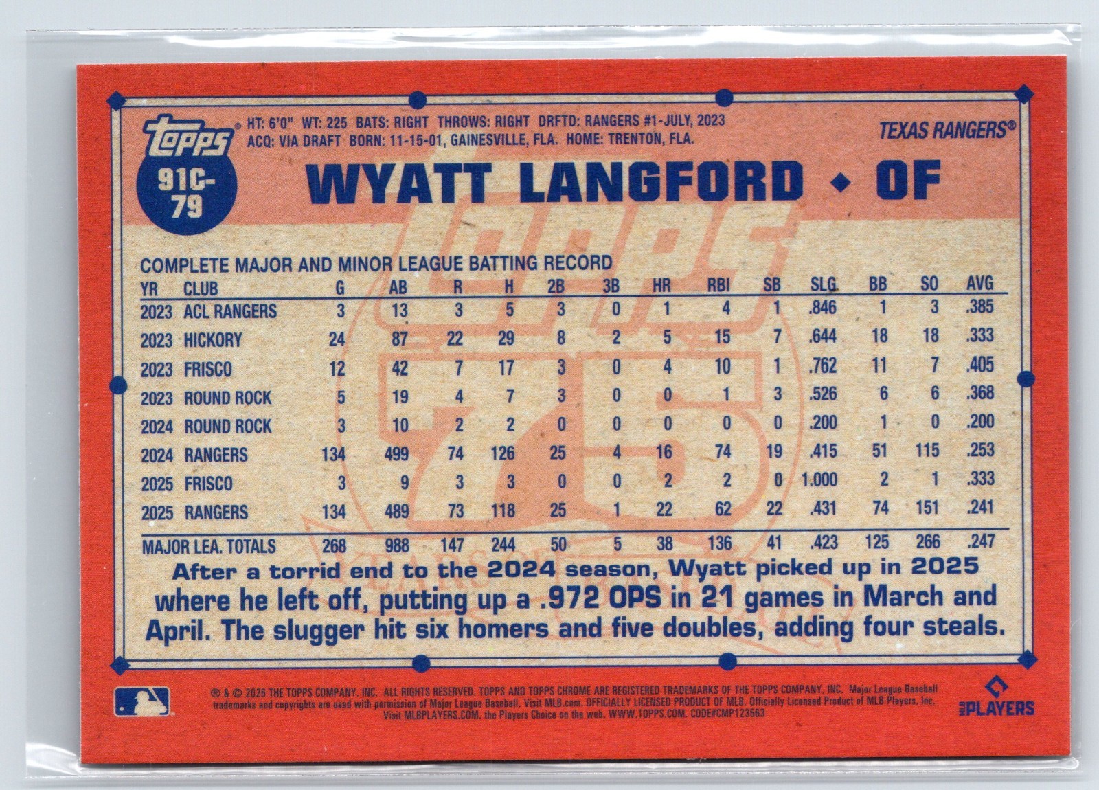 2026 Topps Series 1 Wyatt Langford Silver Pack Mojo Refractor Rangers