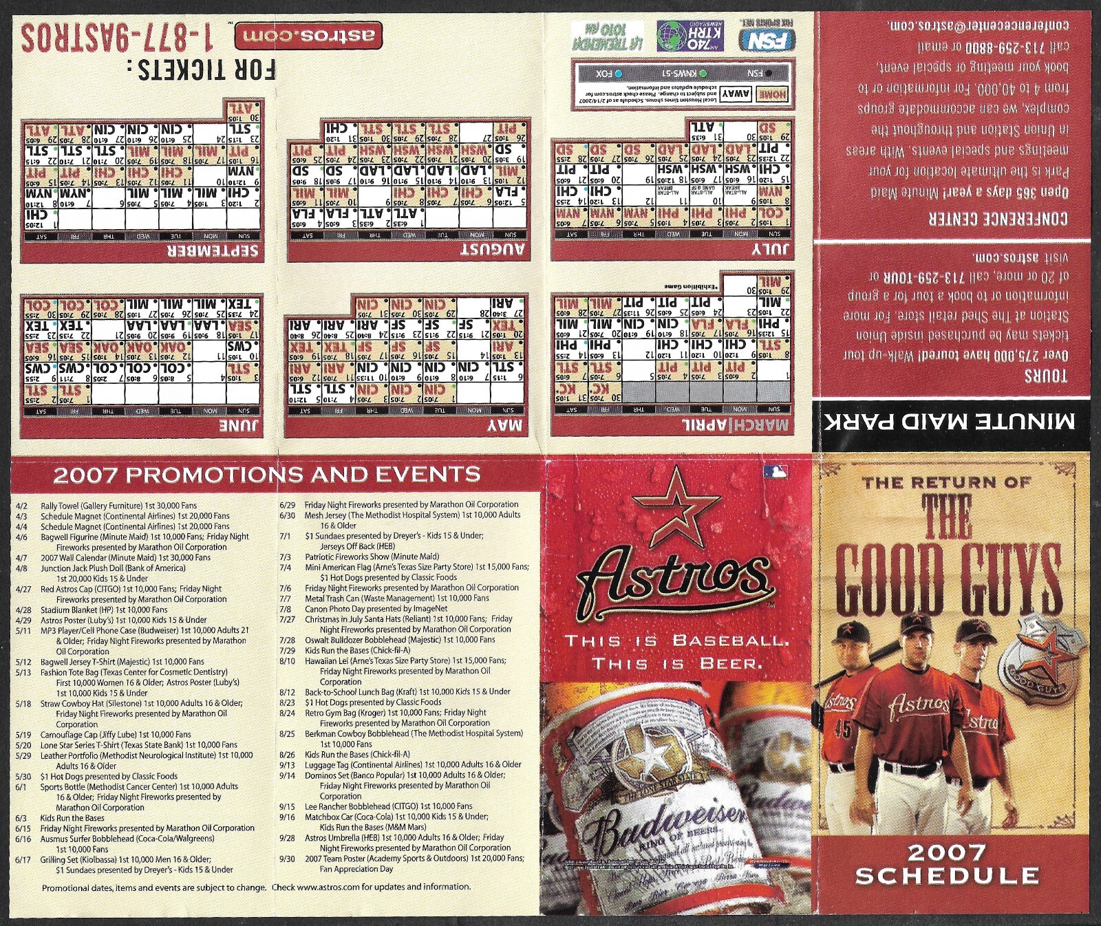 2007 HOUSTON ASTROS Budweiser Regular Season POCKET SCHEDULE EX-MINT