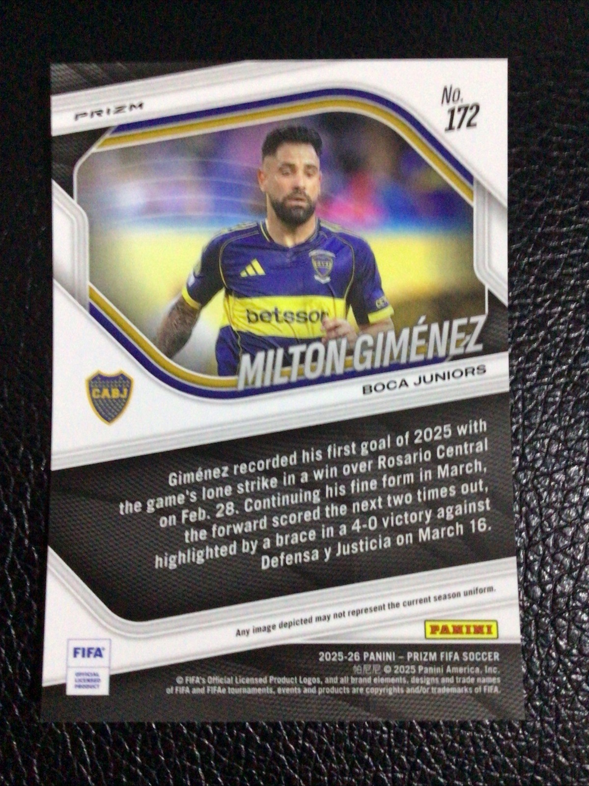 Panini 2025-26 Prizm FIFA Soccer Milton Giménez #172 Red Prizm SP RC Boca