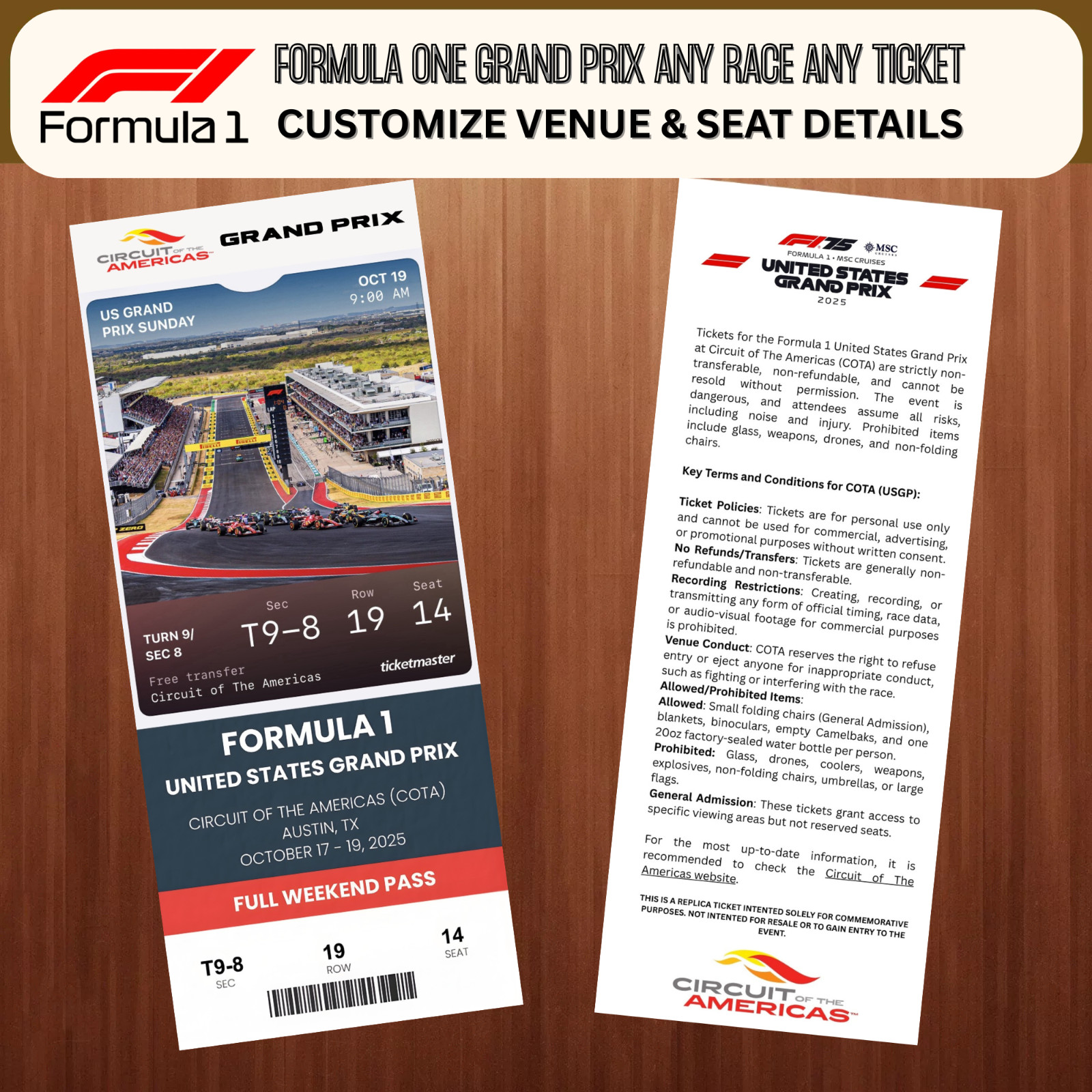 F1 Grand Prix Commemorative Custom Ticket Stub Any Grand Prix Any Year Any Seat