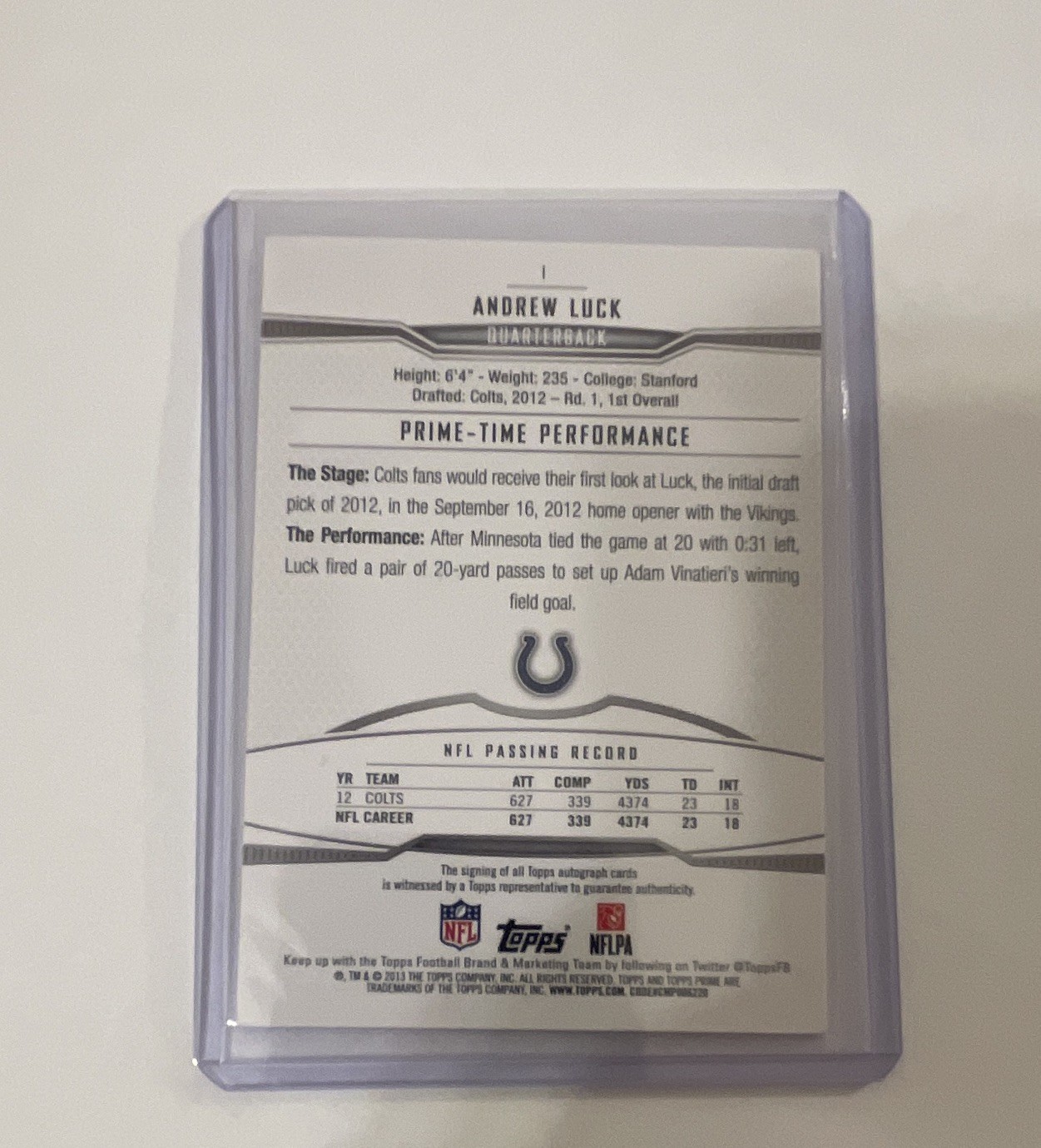 Topps 2013 Topps Prime Prime-Time Performance Andrew Luck Auto 05/15 Colts