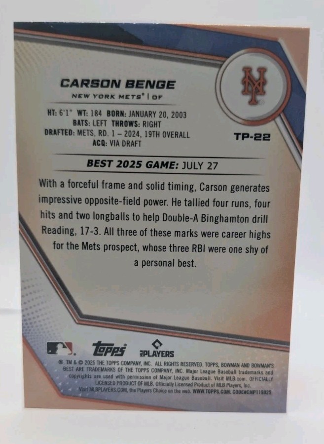 CARSON BENGE 2025 Bowman’s Best #TP-22 Aqua Lava Refractor /199 NY Mets