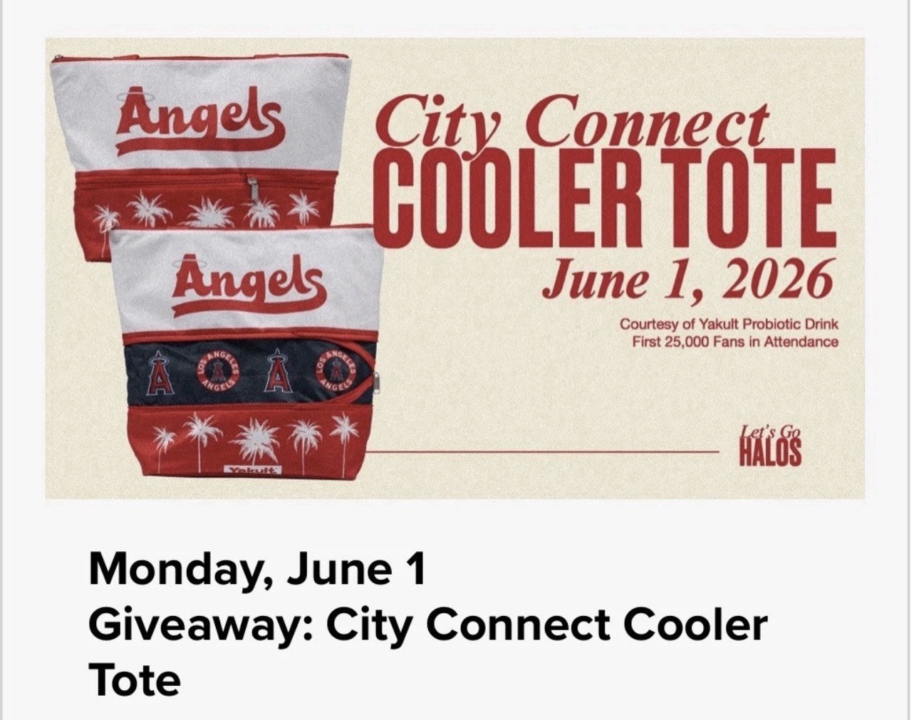 June 1, 2026 Anaheim Angels City Connect Canvas Cooler Tote Giveaway SGA 6/1/26