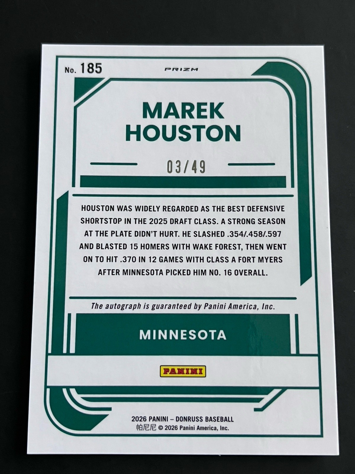 2026 Donruss Marek Houston Auto /49 Optic Prizm Holo