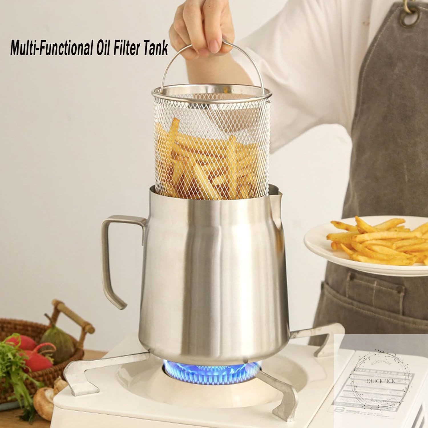 50oz 304 Stainless Steel Deep Fryer Pot with Basket & Strainer, Large Capacity