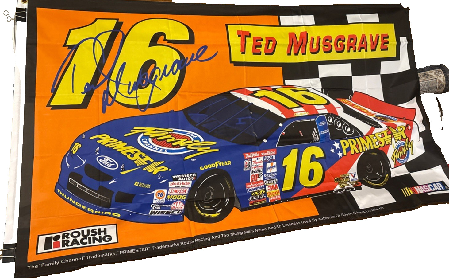 TED MUSGRAVE # 16 THE FAMILY CHANNEL – PRIMESTAR SINGLE SIDED 3 by 5 FLAG !