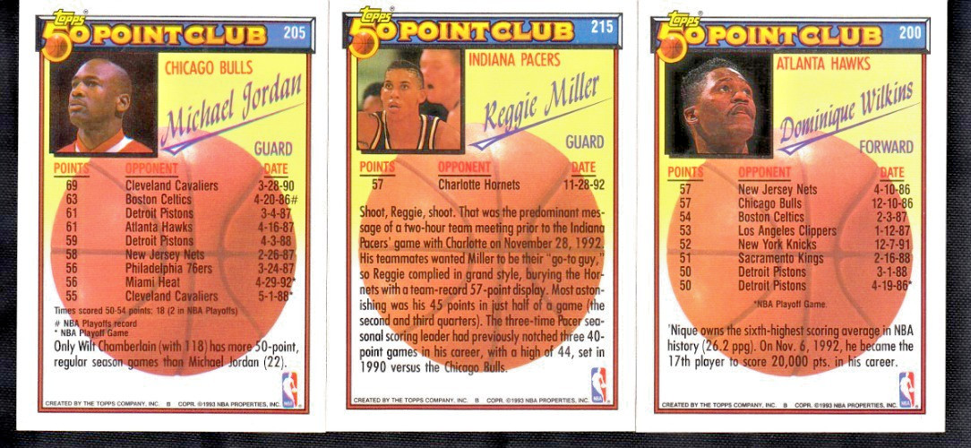1993 TOPPS (3) 50 POINT CLUB – JORDAN, MILLER, WILKINS #’S 205,215, 200 MINT